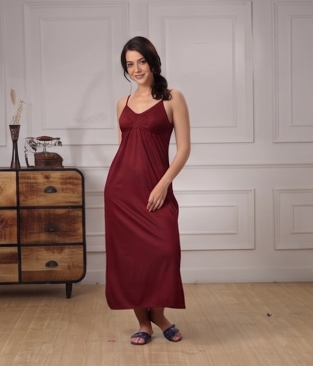 Maroon-Bra Nighty Plain-front